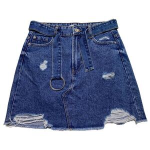Primark Denim Co. Belted Distressed Denim Blue Jean Raw Hem Mini Skirt Sz 8